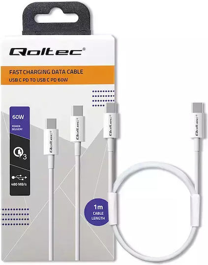 Qoltec USB 2.0 Cable USB-C male - USB-C 60W PD Λευκό 1m 52359
