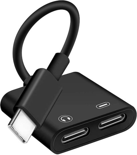 Adaptor USB-C Masculin la Dublu USB-C Feminin Audio și Încărcare Compact Negru