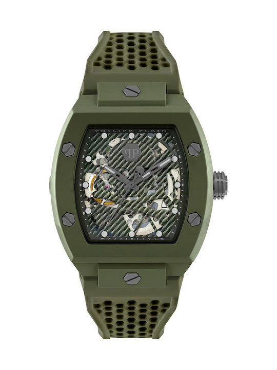 Philipp Plein Skeleton Watch Battery with Green Rubber Strap