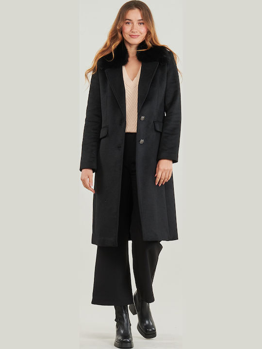 Women's Black Coat with Fur Details