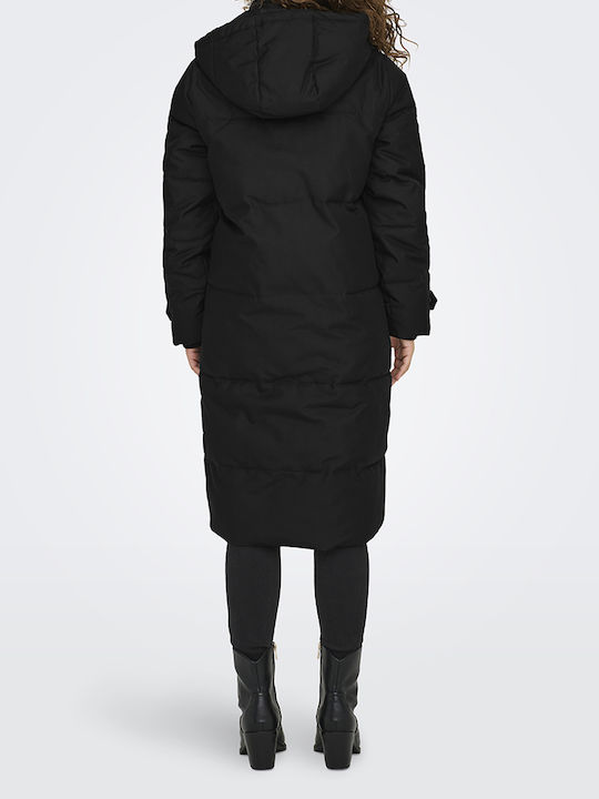 Women's Long Puffer Jacket for Winter with Hood Black