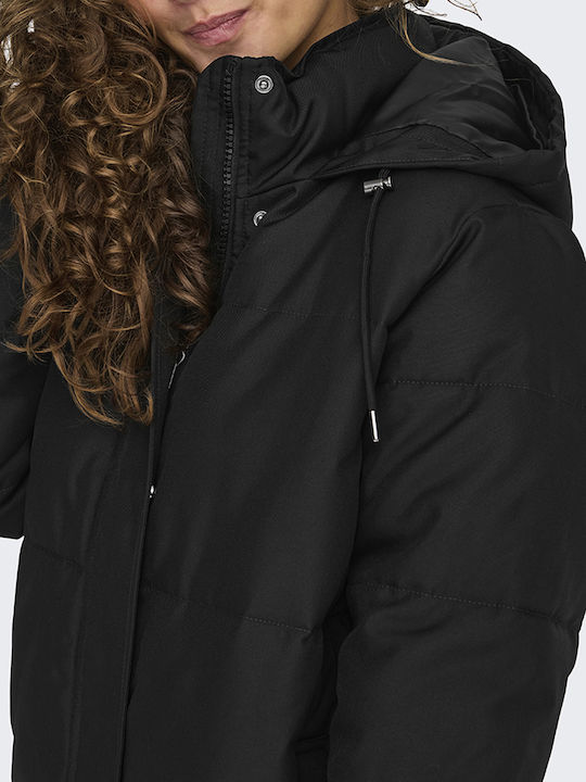 Women's Long Puffer Jacket for Winter with Hood Black