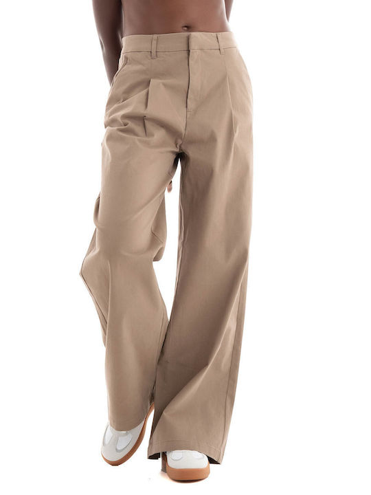 Only Damen Hoch tailliert Stoff Hose in Weiter Linie Light Brown