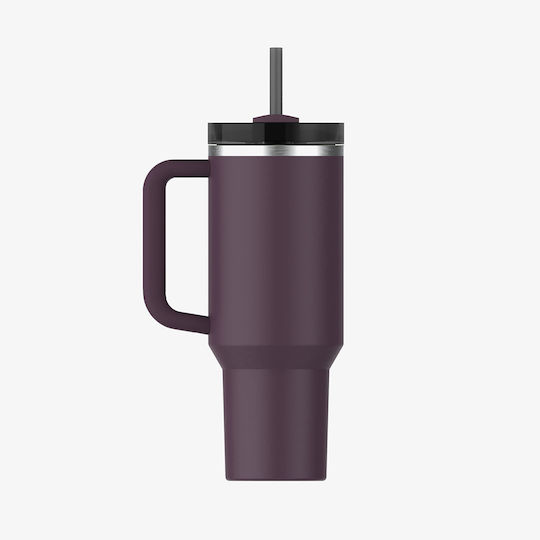 Stanley Quencher H2.O Becher mit Griff Thermosflasche Rostfreier Stahl BPA Frei 1.18lt Plum mit Stroh und Handgriff