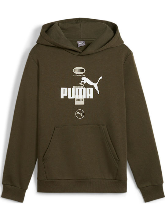 Fleece Παιδικό Φούτερ με Κουκούλα και Τσέπες Λαδί