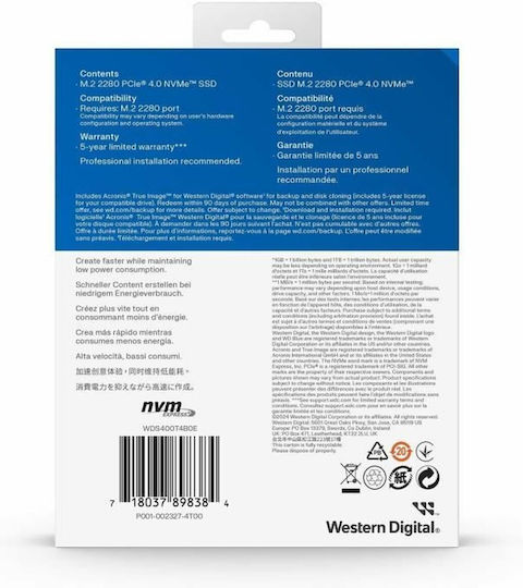 Western Digital SN5000 SSD 4TB τύπου M.2 με σύνδεση PCI Express 4.0 WDS400T4B0E