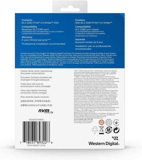 Western Digital SN5000 SSD 2TB M.2 Type with PCI Express 4.0 Connection WDS200T4B0E