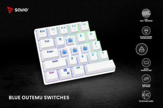 Savio Whiteout Gaming Mechanical Keyboard 60% with Outemu Blue switches and RGB lighting (English US) White