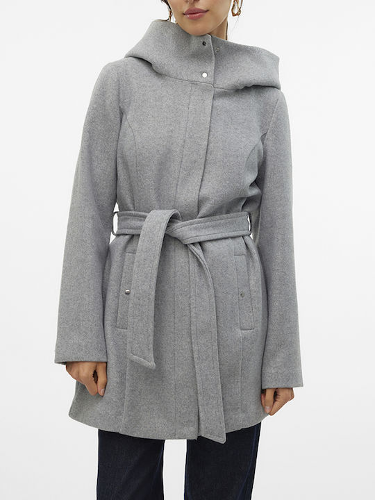 Vero Moda Women's Coat with Belt and Hood Light Grey Melange