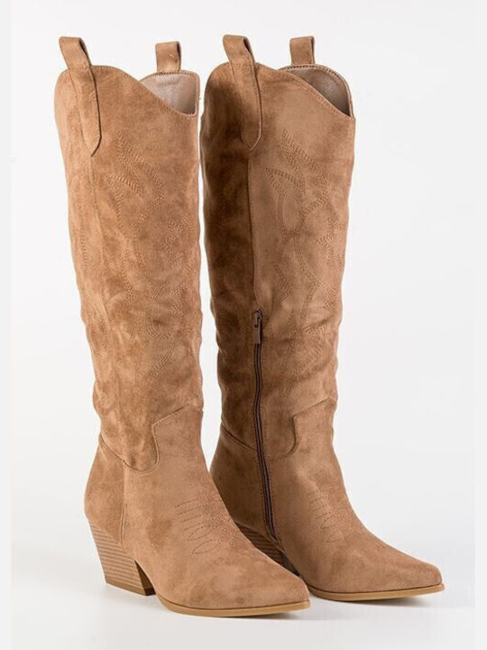 Arte Piedi Suede Medium Heel Cowboy Boots with Zipper Brown