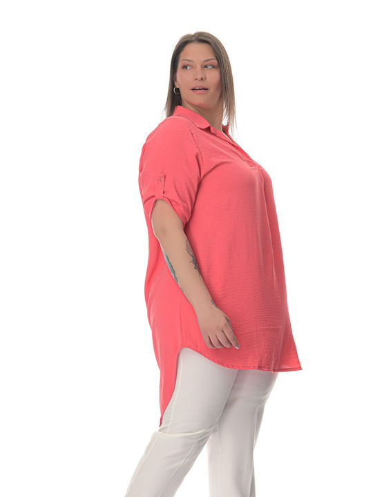 Sushi's Closet Damen Sommer Bluse Leinen mit V-Ausschnitt Coral