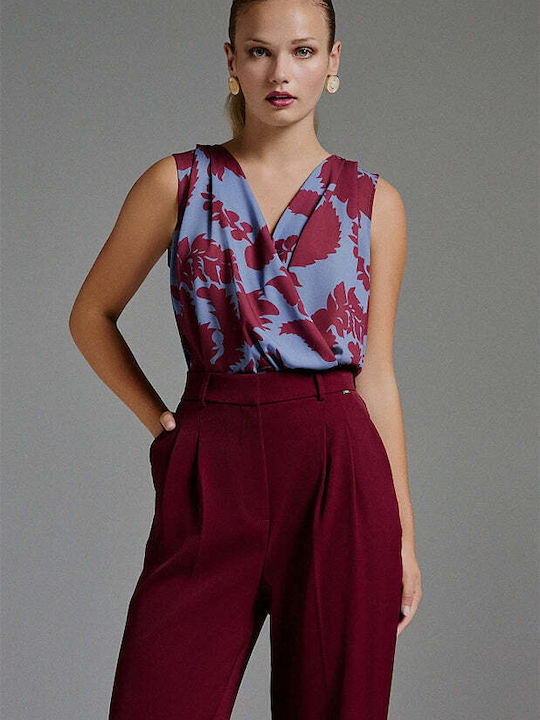 BSB Women's Blouse Satin Sleeveless with V Neckline Burgundy