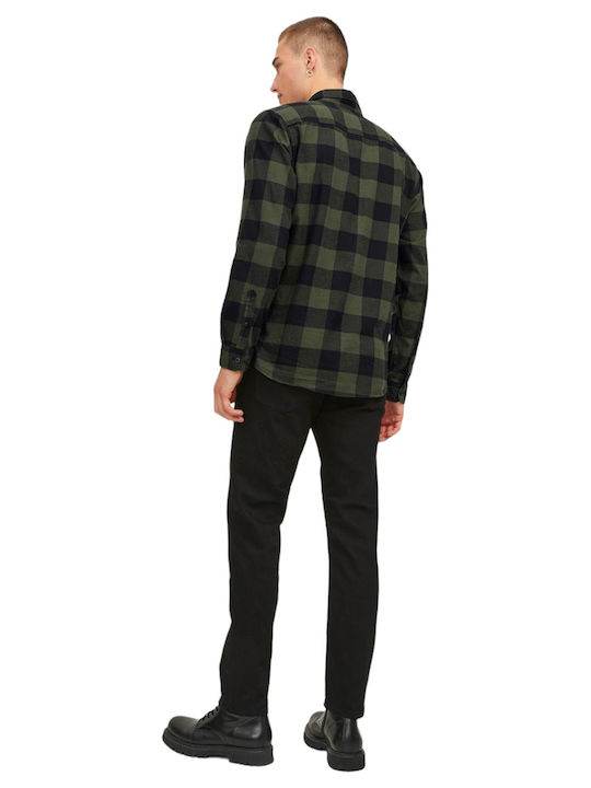 Long-sleeved Cotton Shirt Checked Dusty Olive