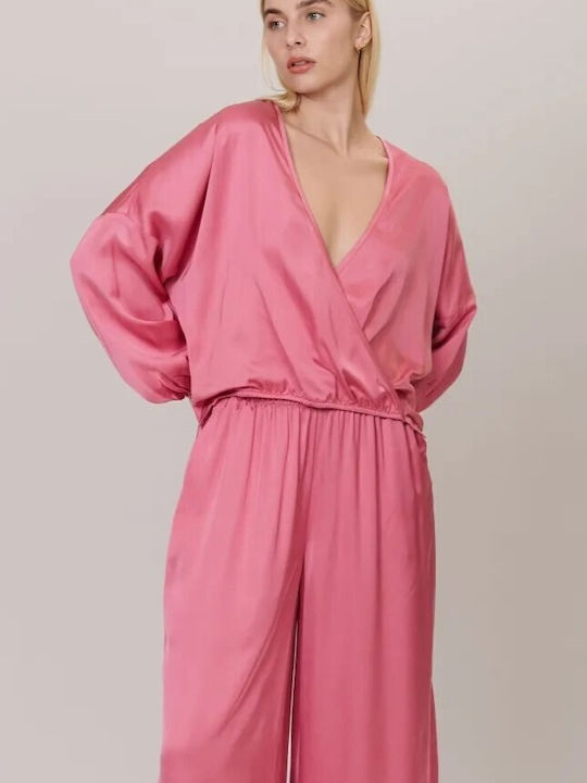 Collectiva Noir Women's Blouse Satin Long Sleeve with V Neckline Pink