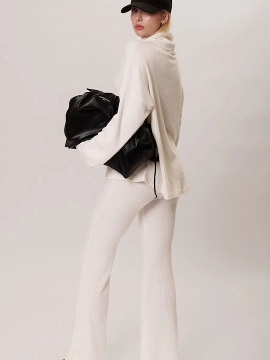 Pants Dama Talie înaltă Tesatura Pantaloni Evazați cu Croială Slim Off White CNM02WB24KNL
