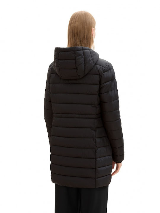 Tom Tailor Women's Long Puffer Jacket for Winter with Hood BLACK