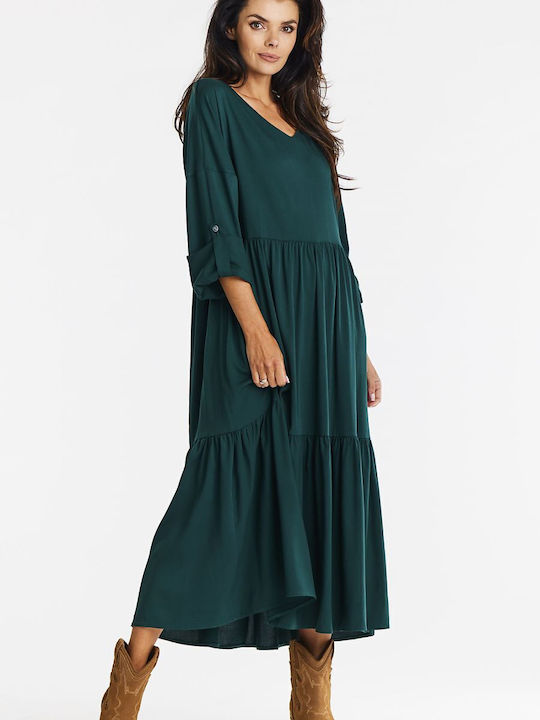 Awama Dress with Ruffle Bottle Green