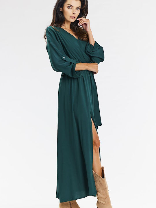 Awama Dress with Slit Bottle Green