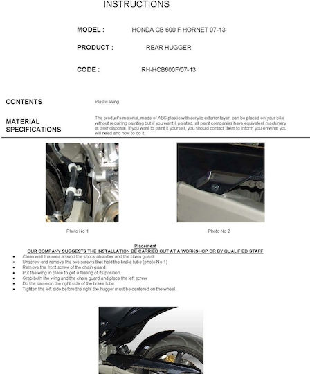 Moto Discovery Motorcycle Rear Wheel Fender for Honda Hornet 600 Black 1pcs