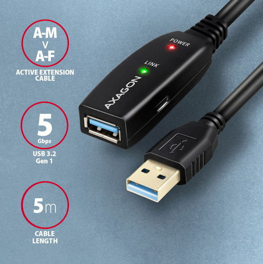 Axagon USB 3.0 Kabel USB-A-Stecker - USB-A-Buchse Schwarz 5m