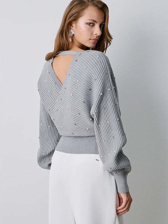 BSB Women's Long Sleeve Sweater with V Neckline Light Grey