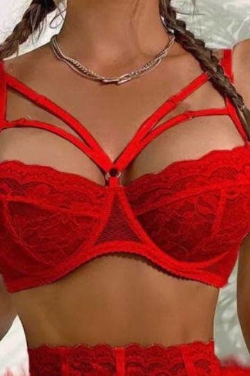 Pretty Lingerie Sexy Σετ Εσωρούχων με Δαντέλα & Ζαρτιέρες Κόκκινο