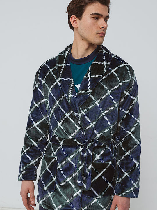 Odyssey Χειμερινή Καρό Ανδρική Ρόμπα Fleece Blue/White