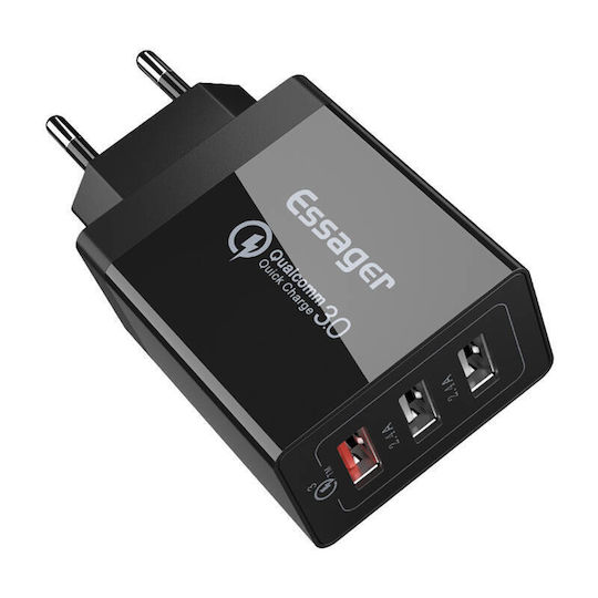 Essager Зарядно без кабел с 3 USB-A порта 30W Quick Charge 3.0 Черен (ECTQC3-FBB01)