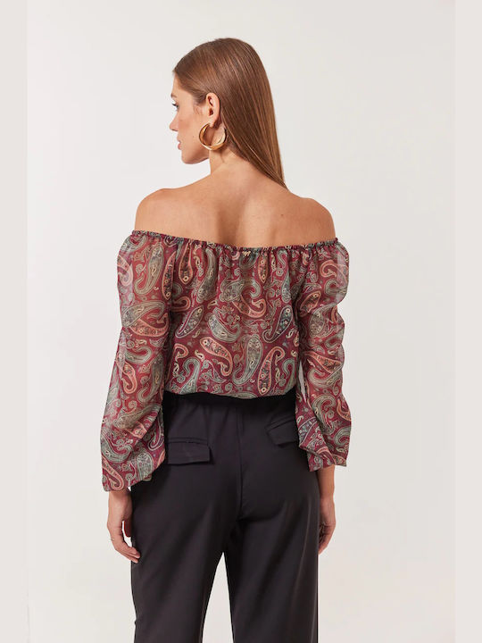 Enzzo Γυναικεία Μπλούζα Off-Shoulder Μακρυμάνικη Cherry