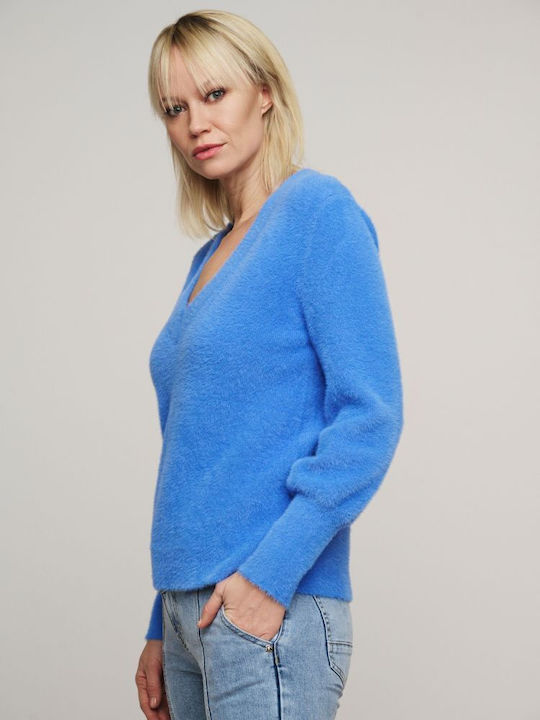 Rino&Pelle Women's Long Sleeve Sweater with V Neckline Blue Shade