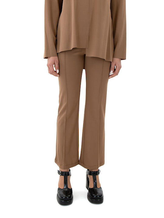MY T Pants Women My T Wearables Γυναικείο Ψηλόμεσο Υφασμάτινο Παντελόνι Slim Fit Καφέ