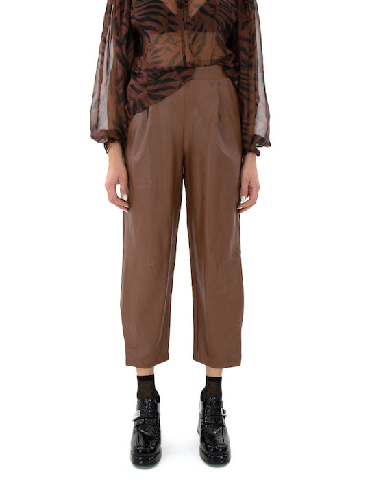 MY T Women's High-waisted Leather Trousers coffee