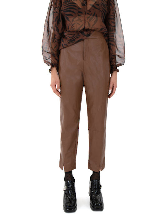 MY T Women's High-waisted Leather Trousers coffee