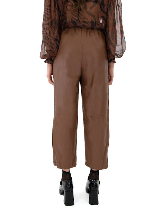 MY T Women's High-waisted Leather Trousers coffee