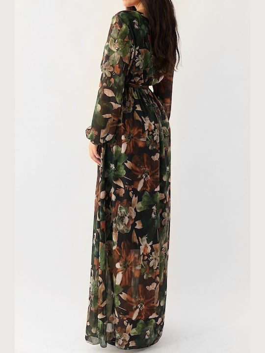 Nessie Black Floral Maxi Dress with Belt