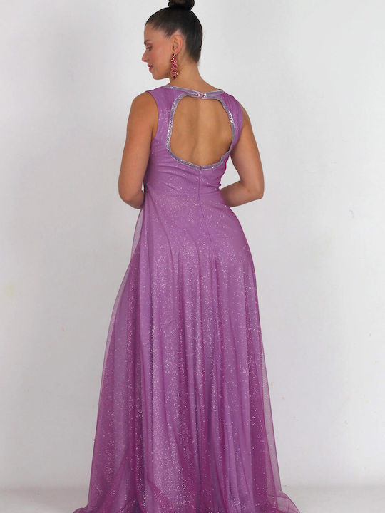 Bellino Maxi Evening Dress Open Back with Tulle & Sheer Lilac