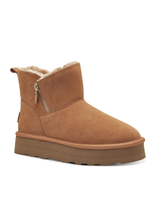 Suede Women's Ankle Boots with Fur Tabac Brown