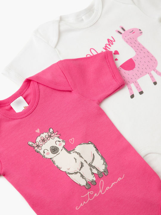 Minerva Lovely Lama Short-Sleeved White-fuchsia 2pcs