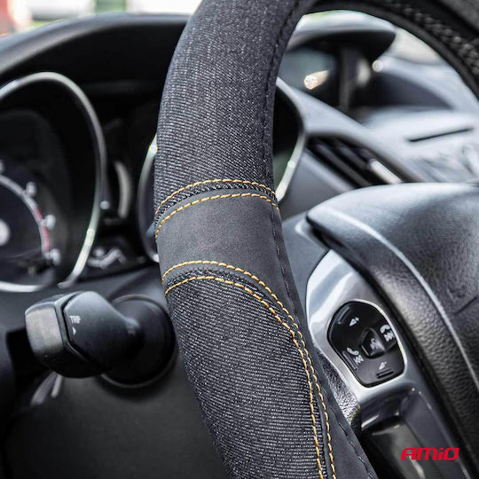 AMiO Car Steering Wheel Cover with Diameter 37-39cm Black with Black Stitching