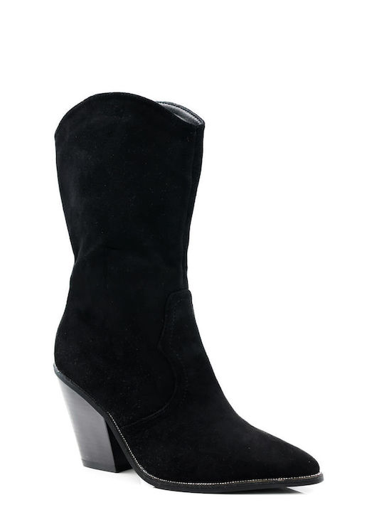 Black Western Suede Ankle Boots with Wooden Heel