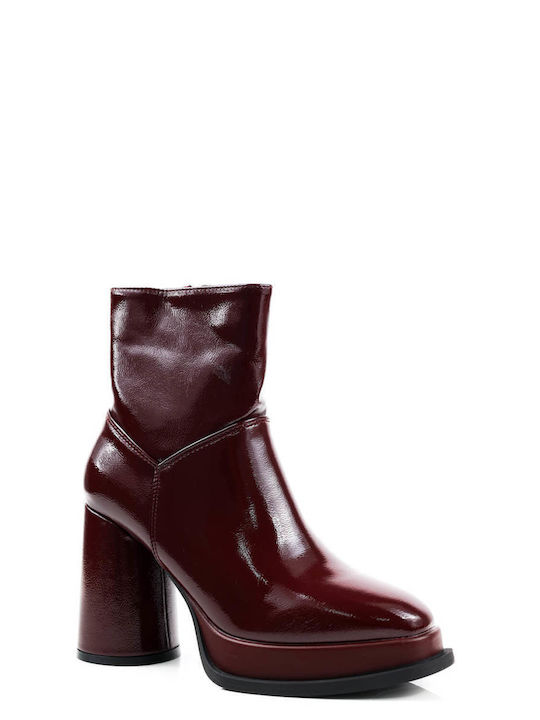 Burgundy Patent Leather Ankle Boots with Chunky Heel