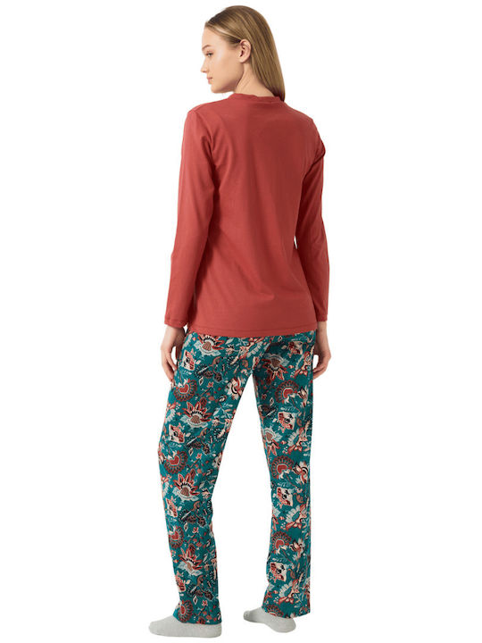 Minerva Winter Damen Pyjama-Set Baumwolle TERRACOTTA