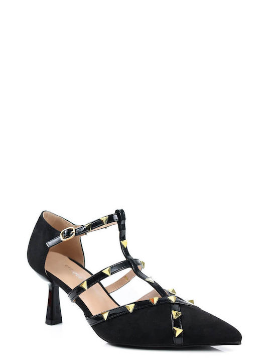 Black Kitten Heel Pumps with Decorative Studs