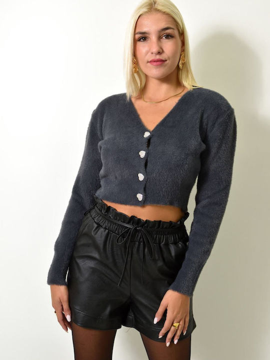 Potre Short Women's Knitted Cardigan with Buttons Charcoal