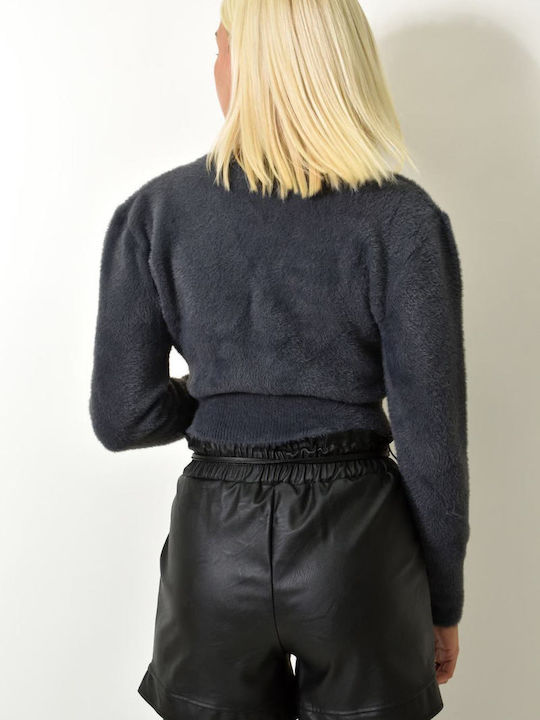 Kurze Gestrickte Damen Strickjacke mit Knöpfen Anthrazit