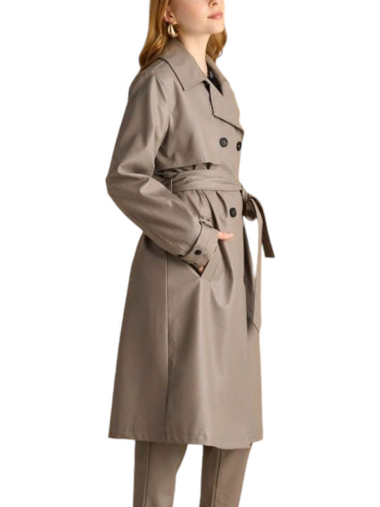 Attrattivo Women's Leather Long Gabardine with Buttons Taupe