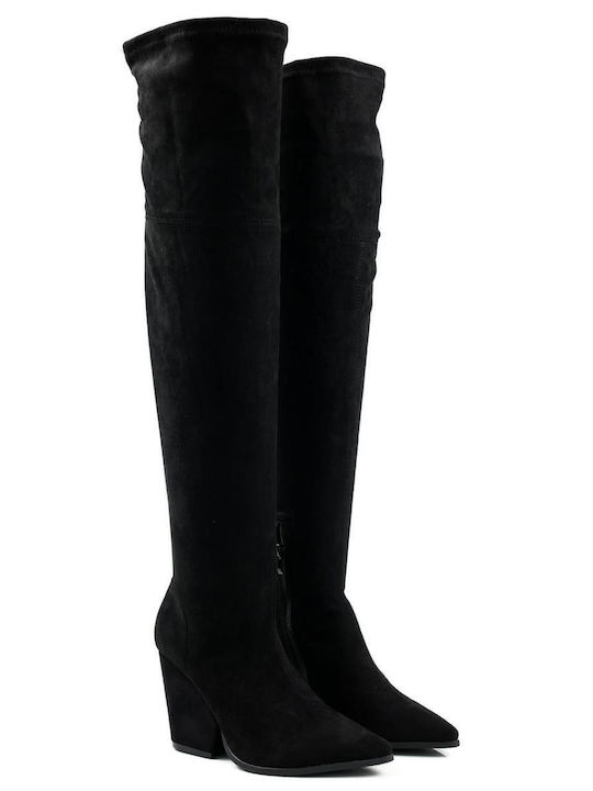 Black Suede Over-the-Knee Boots Chunky Heel