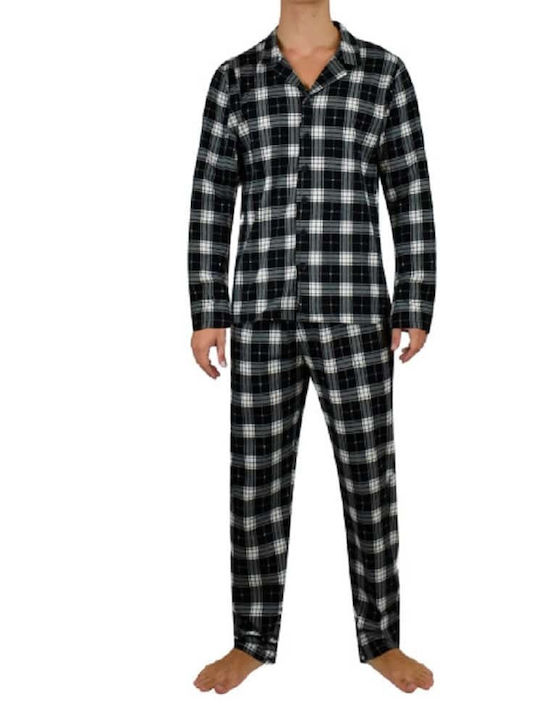 Poleren Men's Winter Checked Pajamas Set Black 1544-SIYAH