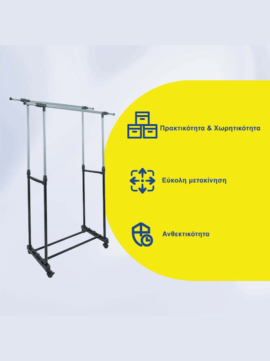 Uncle George Wheeled Floor Garment Rack made of Metal Telescopic Silver 65x30x136cm