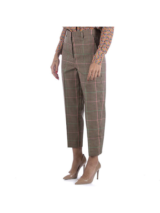 Ottod'ame Women's Fabric Capri Trousers in Regular Fit Checked Brown